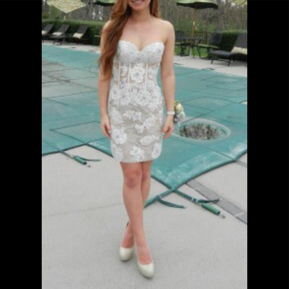 Stunning Jovani strapless dress with lace embellishment and nude undertone